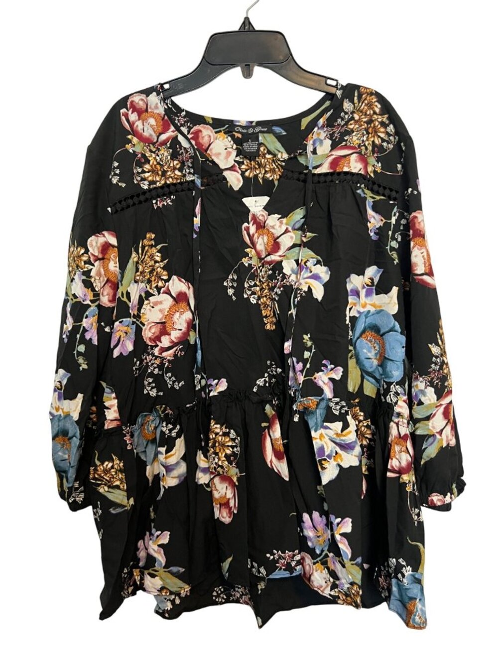 Floral Black & Multicolor Blouse With Crochet Trim & 3/4 Sleeves By Olivia & Gra